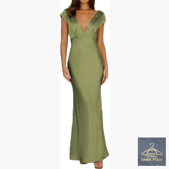 Dresses & Skirts - Satin V-Neck Backless Midi Dress with Cap Sleeves and Twist Detail
